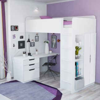 An Image of Loft Station White Wooden High Sleeper Storage Bed Frame - EU Single