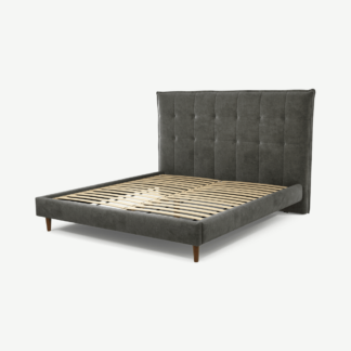An Image of Lamas Super King Size Bed, Steel Grey Velvet with Walnut Stain Oak Legs