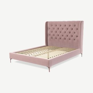 An Image of Romare King Size Bed, Heather Pink Velvet with Copper Legs