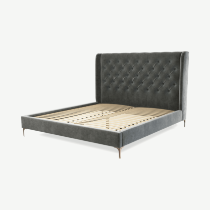 An Image of Romare Super King Size Bed, Steel Grey Velvet With Copper Legs