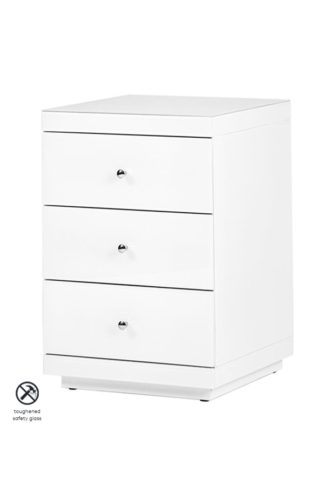 An Image of Pimlico White Glass Bedside Table with 3 Drawers