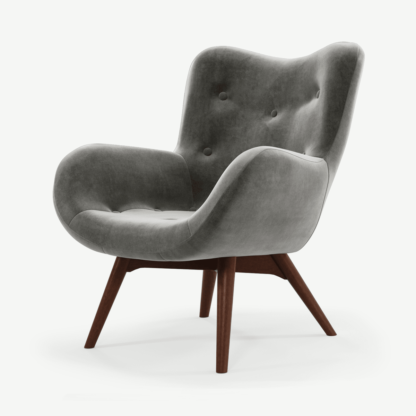 An Image of Doris Accent Armchair, Steel Grey Velvet with Dark Wood Legs