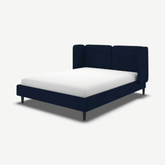 An Image of Ricola Double Bed, Prussian Blue Cotton Velvet with Black Stain Oak Legs