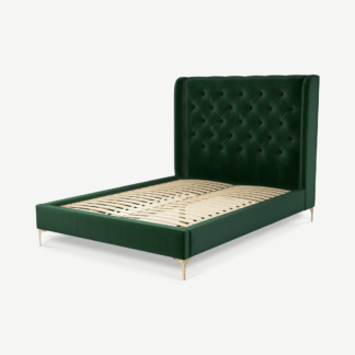 An Image of Romare Double Bed, Bottle Green Velvet with Brass Legs