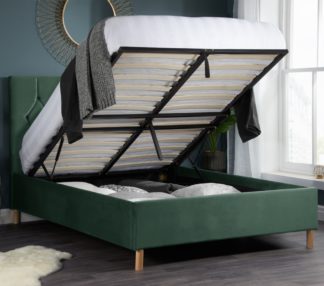 An Image of Loxley Green Velvet Fabric Ottoman Storage Bed Frame - 4ft Small Double