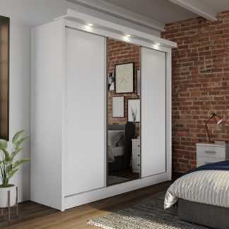 An Image of Forde White Sliding Wardrobe With Mirror And Lights Matt White