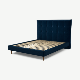 An Image of Lamas King Size Bed, Regal Blue Velvet with Walnut Stain Oak Legs