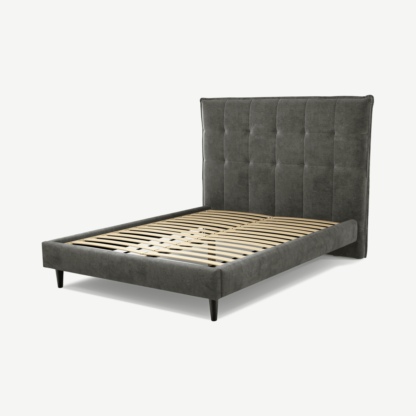 An Image of Lamas Double Bed, Steel Grey Velvet with Black Stain Oak Legs