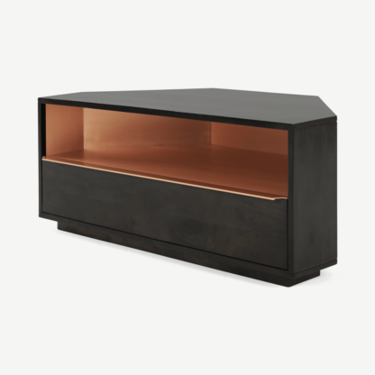 An Image of Anderson Corner TV Stand, Mocha Mango Wood & Copper