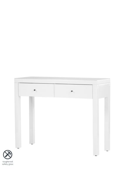 77e1fda745b52ca410a0bc0d82ca9d8a3134cd15b1e83c28a95b0aff7f55b38c.jpg An Image of Pimlico White Glass Dressing Table with 4 Legs