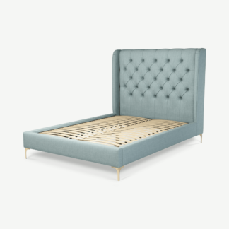 An Image of Romare Double Bed, Sea Green Cotton with Brass Legs