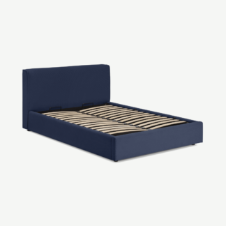 An Image of Bahra Double Bed with Ottoman Storage, Midnight Blue Corduroy Velvet