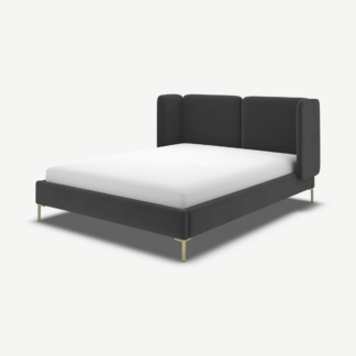 An Image of Ricola Double Bed, Ashen Grey Cotton Velvet with Brass Legs