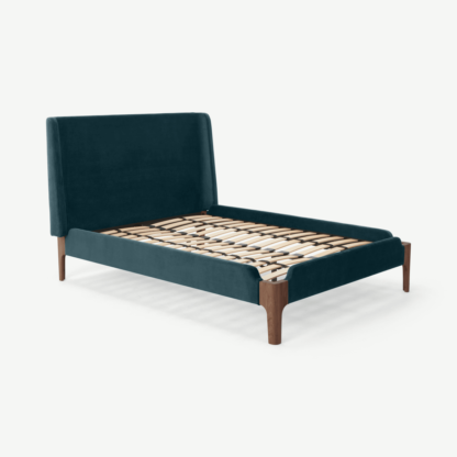 An Image of Roscoe Double Bed, Steel Blue Velvet & Dark Stain Oak Legs