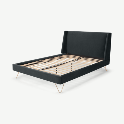 An Image of Elona Double Bed, Midnight Grey Velvet & Copper Legs