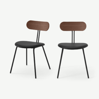An Image of Tambo Set of 2 Dining Chairs, Walnut & Black Faux Leather