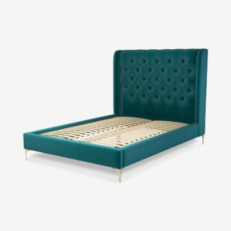 An Image of Romare Double Bed, Tuscan Teal Velvet with Brass Legs