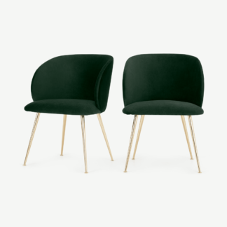 An Image of Set of 2 Adeline Carver Dining Chairs, Pine Green Velvet and Brass