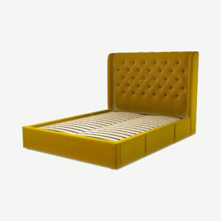 An Image of Romare King Size Bed with Storage Drawers, Saffron Yellow Velvet