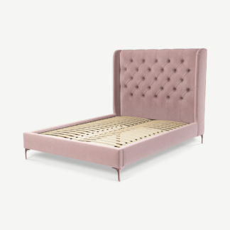An Image of Romare Double Bed, Heather Pink Velvet with Copper Legs