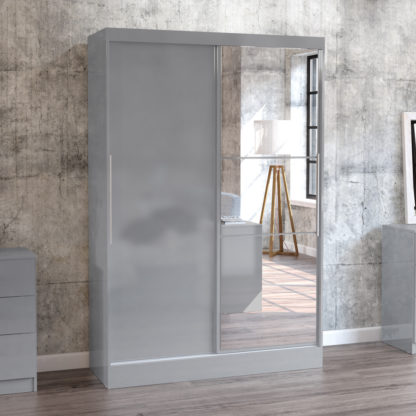 8968574a10cdc7aa5cbac5ea221491fd45fc51ec46567ec52cb861ba90436cee.jpg An Image of Lynx Grey 2 Door Sliding Wardrobe with Mirror