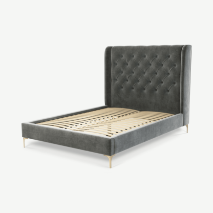 An Image of Romare Double Bed, Steel Grey Velvet with Brass Legs