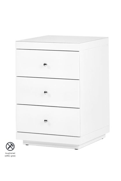 An Image of Pair of Pimlico White Glass Bedside Table with 3 Drawers