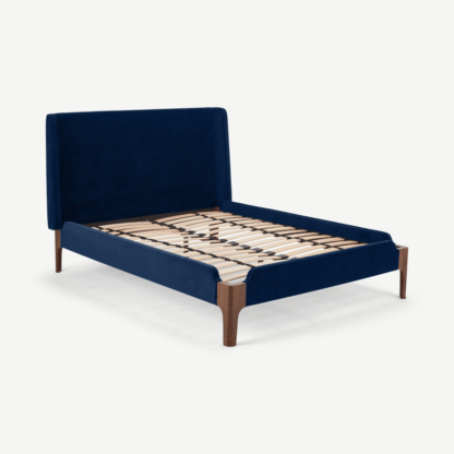 An Image of Roscoe King Size Bed, Royal Blue Velvet & Dark Stain Oak Legs