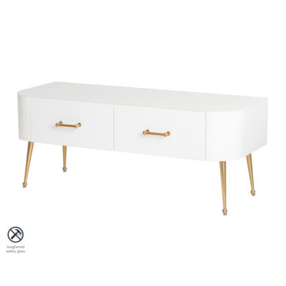 An Image of Mason White Glass Media Unit – Brushed Gold Legs