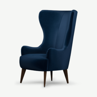 An Image of Bodil Accent Armchair, Regal Blue Velvet with Dark Wood Leg
