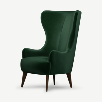 An Image of Bodil Accent Armchair, Bottle Green Velvet with Dark Wood Leg