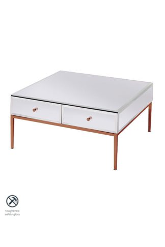 An Image of Stiletto White Glass and Rose Gold Coffee Table