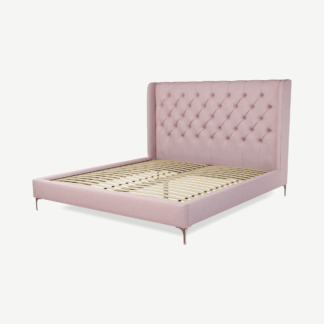 An Image of Romare Super King Size Bed, Tea Rose Pink Cotton with Copper Legs
