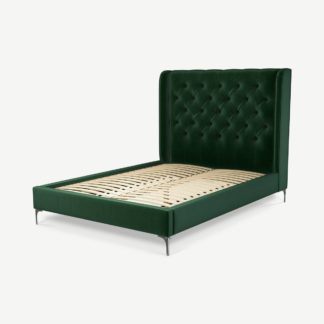An Image of Romare Double Bed, Bottle Green Velvet with Nickel Legs