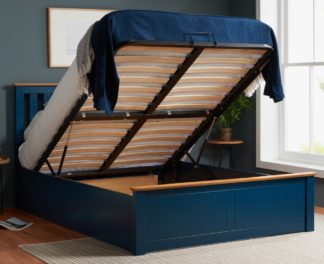 An Image of Phoenix Navy Blue Wooden Ottoman Storage Bed Frame Only - 5ft King Size