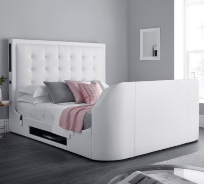 An Image of Titan 2 White Leather Media Electric TV Bed Frame - 5ft King Size