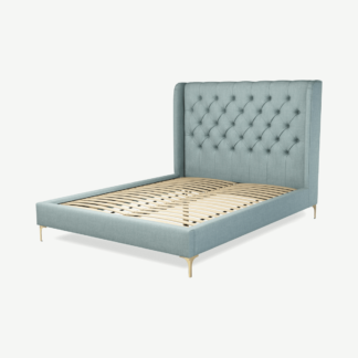 An Image of Romare King Size Bed, Sea Green Cotton with Brass Legs
