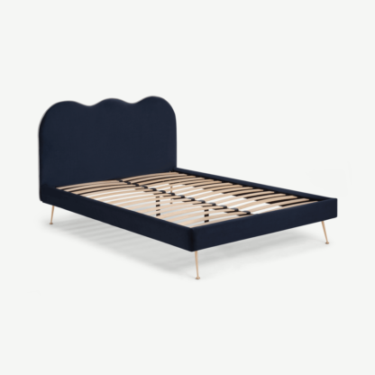 An Image of Fenella King Size Bed, Royal Blue Velvet & Brass