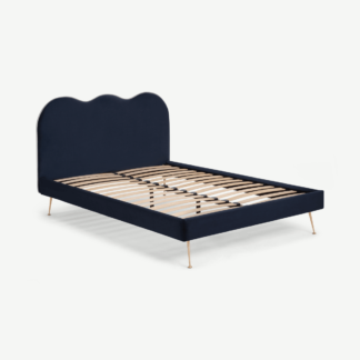 An Image of Fenella Double Bed, Royal Blue Velvet & Brass