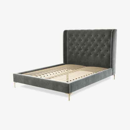 An Image of Romare King Size Bed, Steel Grey Velvet with Brass Legs
