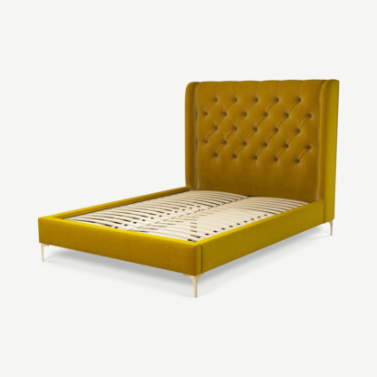 An Image of Romare Double Bed, Saffron Yellow Velvet with Brass Legs
