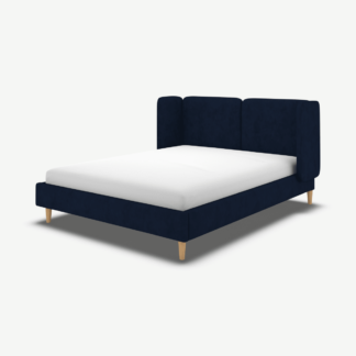 An Image of Ricola Super King Size Bed, Prussian Blue Cotton Velvet with Oak Legs