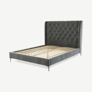 An Image of Romare King Size Bed, Steel Grey Velvet with Copper Legs