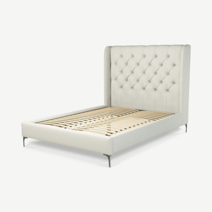 An Image of Romare Double Bed, Putty Cotton with Nickel Legs