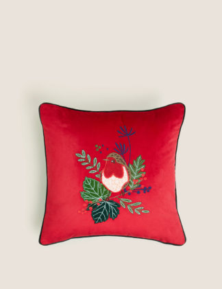 An Image of M&S Velvet Robin Embroidered Cushion