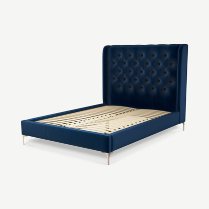 An Image of Romare Double Bed, Regal Blue Velvet with Copper Legs