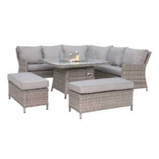 An Image of Hathaway Royal Garden Corner Dining Set With Fire Pit in Light Grey Weave and Grey Fabric