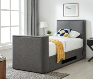 An Image of Valencia Grey Fabric Electric TV Bed With 32" TV Included - 3ft Single