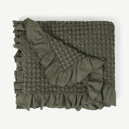 An Image of Lozen Waffle 100% Organic Cotton Bedspread, 150 x 200cm, Forest Green