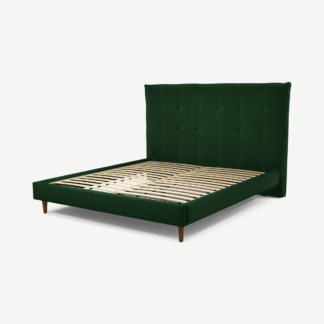 An Image of Lamas Super King Size Bed, Bottle Green Velvet with Walnut Stain Oak Legs